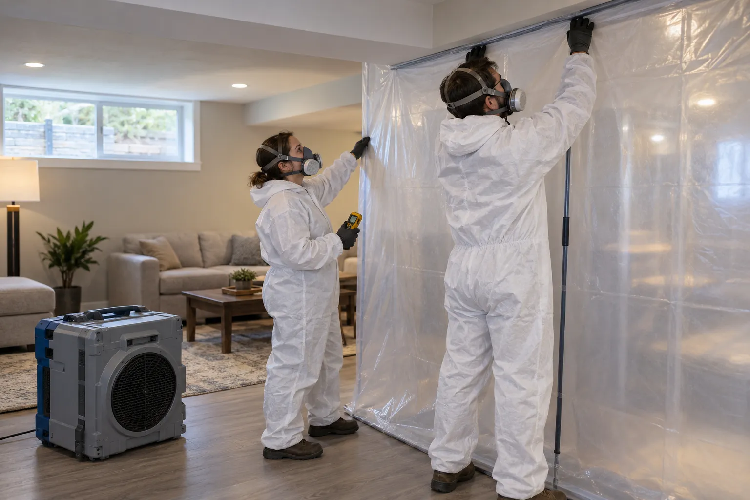 Mold remediation provider setting up containment in a home near Salt Lake City